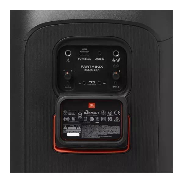 نمای پشت اسپیکر JBL PartyBox Club 120 با نمایش کامل پورتها شامل USB، AUX، ورودی میکروفون و گیتار
