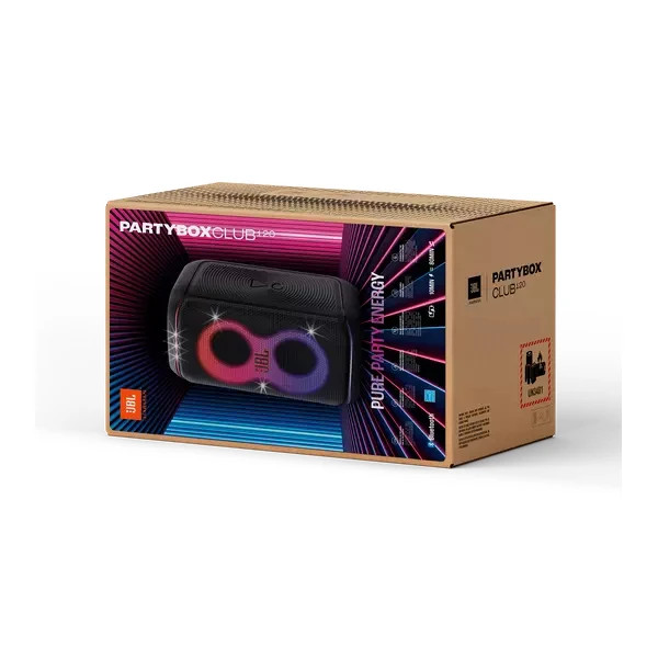 اسپیکر JBL PartyBox Club 120 داخل جعبه اصلی به همراه بستهبندی اورجینال و متعلقات کامل محصول