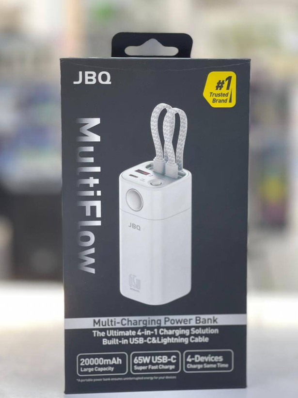 پاوربانک اصل JBQ MultiFlow ۲۰۰۰۰mAh در بستهبندی اورجینال کارخانه، شامل محصول، کابل شارژ و دفترچه راهنما"