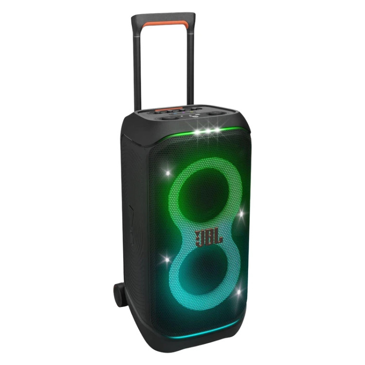 «اسپیکر بلوتوثی جیبیال مدل PartyBox Stage 320 با طراحی استوانهای، نورپردازی RGB و دسته حمل برای مهمانی و استفاده خانگی»