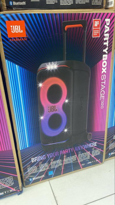 جعبه اورجینال اسپیکر بلوتوثی جیبیال PartyBox Stage 320 شامل دستگاه، کابل شارژ، بند حمل و دفترچه راهنما»