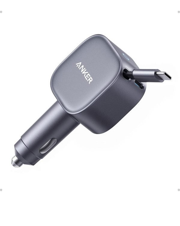 شارژر فندکی انکر مدل A2738 سری Nano با توان ۷۵ وات، نمای روبرو با دو پورت USB‑C و کابل جمعشونده