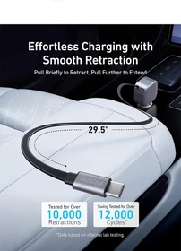 شارژر فندکی انکر A2738 با کابل جمعشونده USB‑C به طول ۷۵ سانتیمتر (حدود ۲.۳ فوت) کاملاً باز شده