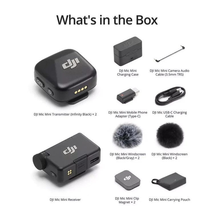 محتویات کامل جعبه میکروفون یقهای DJI Mic Mini شامل دو فرستنده، یک گیرنده، کیس شارژ، کابل USB-C، مگنت و کلیپس