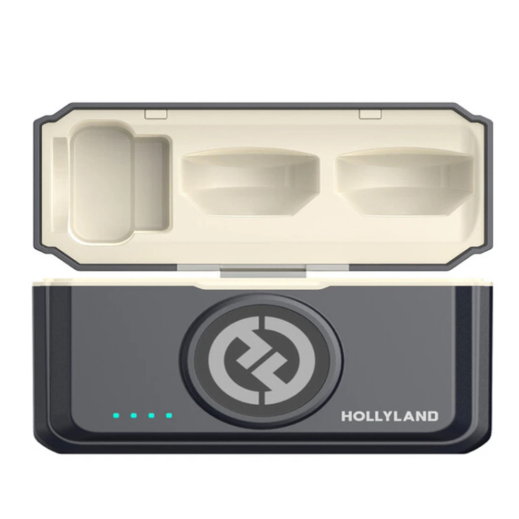 کیس شارژ میکروفون هالی لند LARK M2 در حالت باز و بسته - طراحی جمعوجور و قابل حمل با باتری ۱۹۵۰ میلیآمپرساعتی