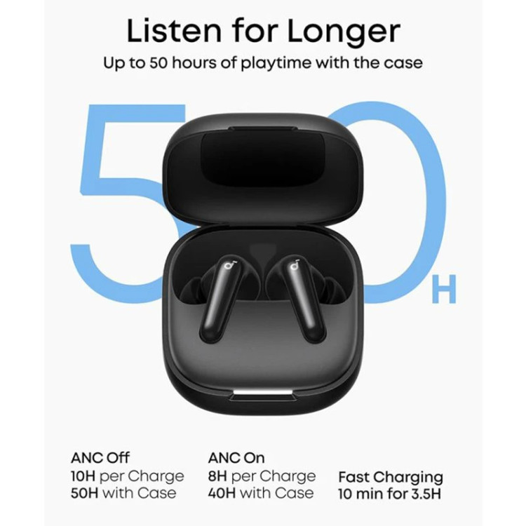 هدفون Soundcore R60i NC در حال شارژ داخل کیس، نمایش میزان شارژدهی طولانی و عملکرد باتری قدرتمند