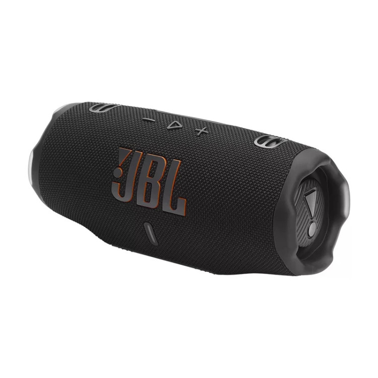نمای نزدیک اسپیکر JBL Charge 6 و دکمههای کنترل پخش، ولوم، بلوتوث و اتصال چند دستگاه روی بدنه
