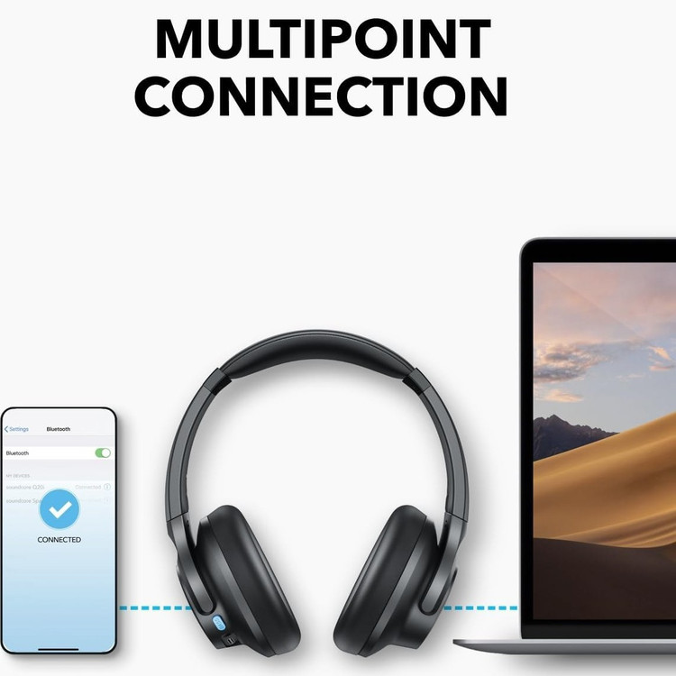 بلوتوثی انکر Soundcore Q11i مدل A3005 در کنار گوشی و تبلت با نمایش قابلیت اتصال چندنقطهای
