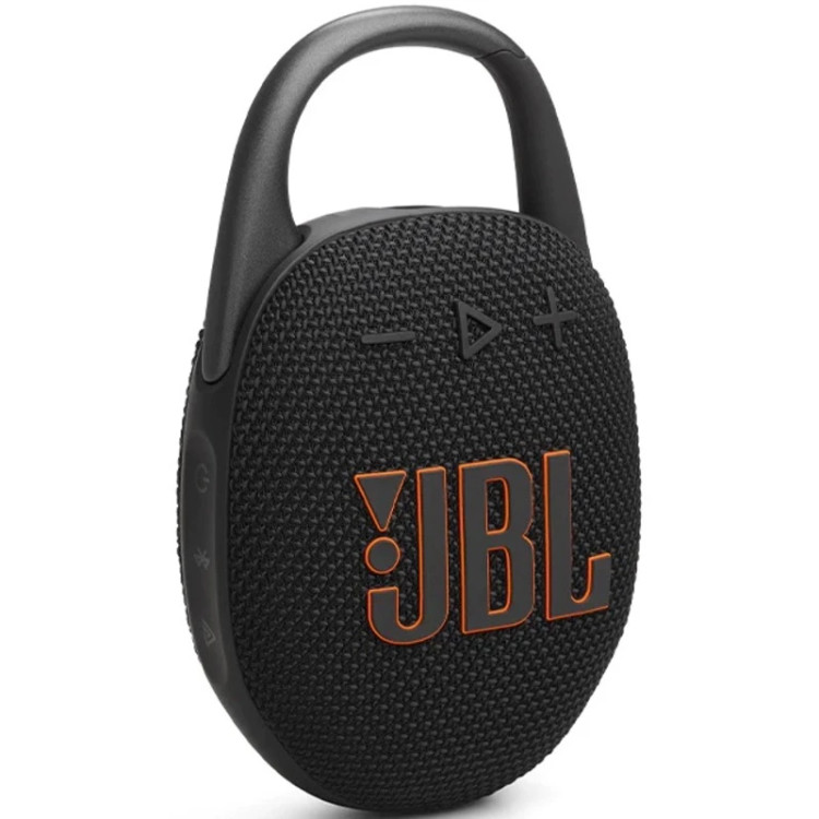 اسپیکر بلوتوثی قابل حمل JBL Clip 5 در نمای کامل با طراحی جمعوجور و کارابین یکپارچه.