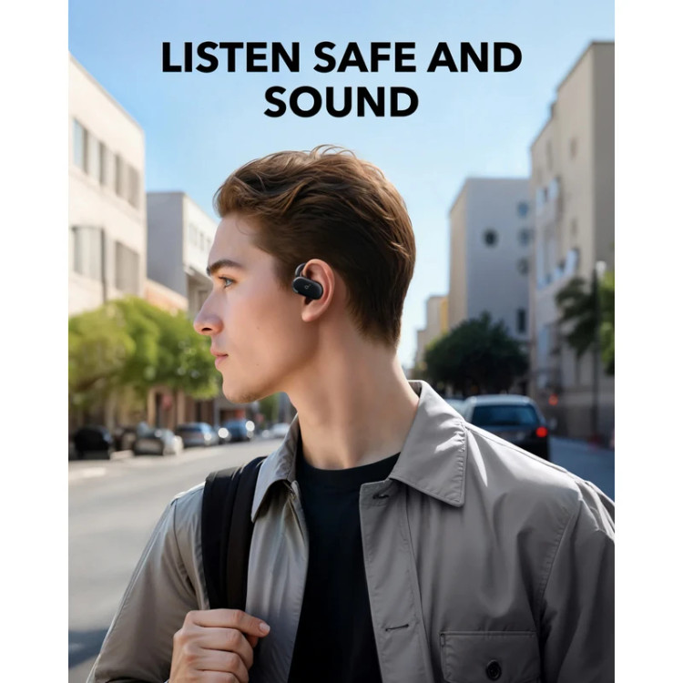 شخصی در حال استفاده از ایرپاد بیسیم Anker Soundcore V20i مدل A3876.