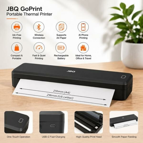 ویژگی های پرینتر حرارتی قابل حمل جی بی کیو مدل GoPrint، نمای کامل دستگاه سبک و جمعوجور با طراحی مدرن