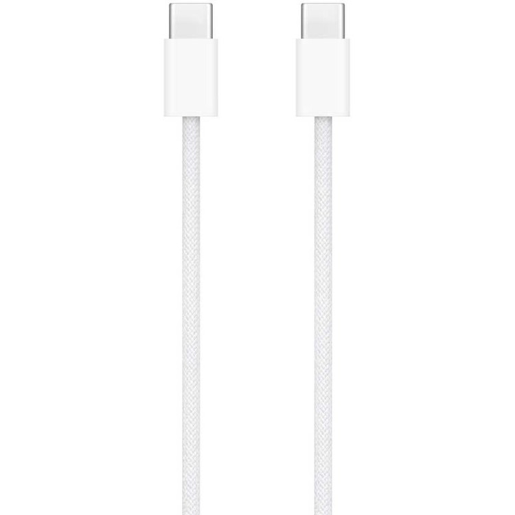 کابل شارژ اصلی اپل USB‑C به USB‑C یکمتری با روکش بافتهشده سفید، مناسب آیفون ۱۵ پرو مکس