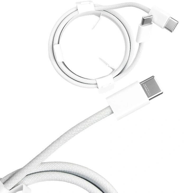 کابل شارژ اصلی اپل USB‑C به USB‑C یکمتری با روکش بافتهشده سفید، مناسب آیفون ۱۶ پرو مکس