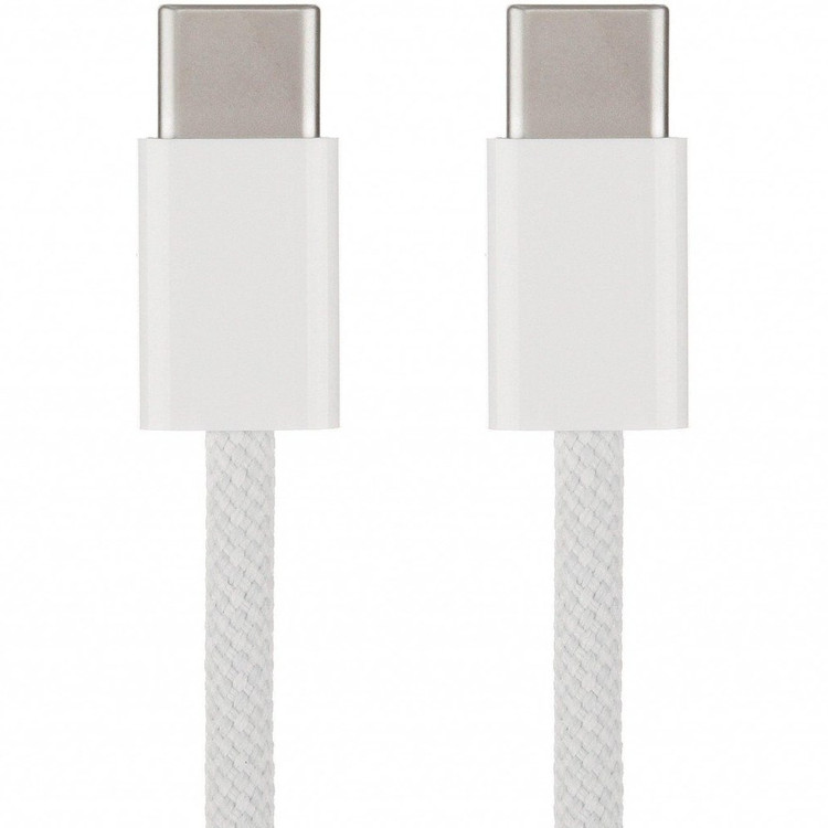 کابل شارژ اصلی اپل USB‑C به USB‑C یکمتری با روکش بافتهشده سفید، مناسب آیفون ۱۶ پرو مکس