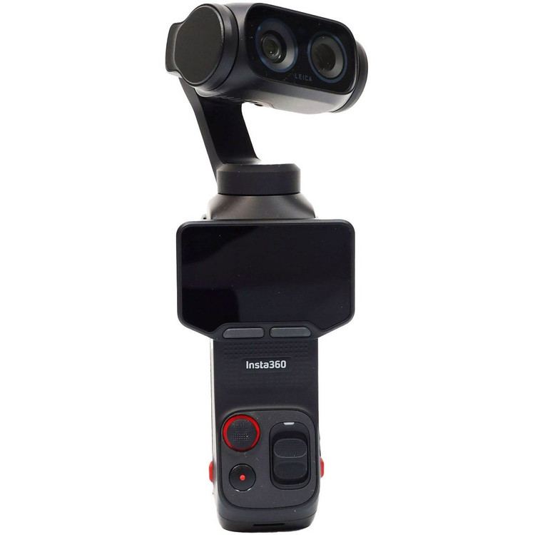 alt="دوربین Insta360 Luna Ultra Cosmic Black - نمای نزدیک از طراحی جیبی و دو لنز Leica در حالت آماده به کار"