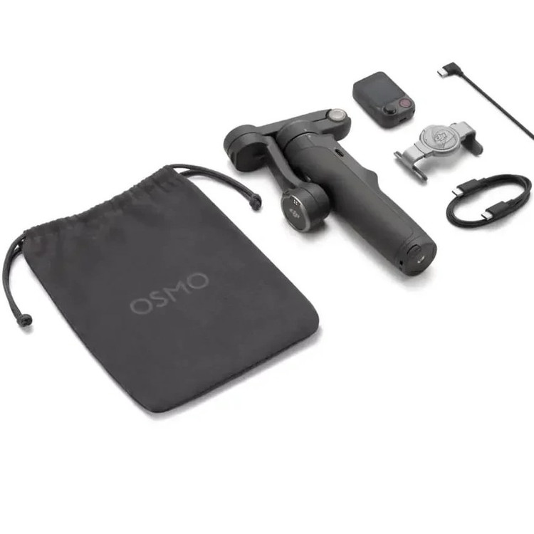 alt="محتویات جعبه DJI Osmo Mobile 8P Standard Combo - گیمبال، Osmo FrameTap، گیره مغناطیسی گوشی، کابل، کیف و لوازم جانبی کامل"