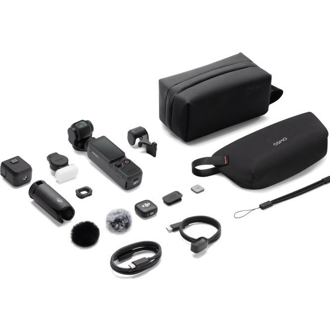 محتویات جعبه DJI Osmo Pocket 4 Creator Combo شامل دوربین، میکروفون، باتری گریپ، سهپایه و لوازم جانبی
