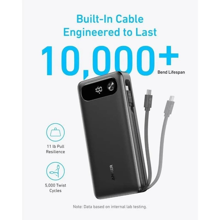 پاوربانک انکر A1383H11 ۲۰۰۰۰ میلی آمپر ساعت ۸۷ وات با کابل USB-C داخلی - نمایش دوام کابل ۱۰۰۰۰ بار خم شدن و مقاومت بالا Anker Power Bank