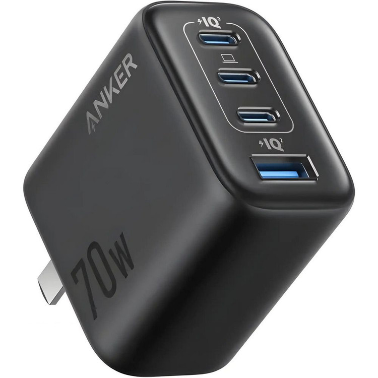 Anker Zolo Charger 70W 4-Port model A121C - شارژر دیواری انکر زولو با ۳ پورت USB-C و ۱ پورت USB-A، طراحی مشکی با پلاگین تاشو