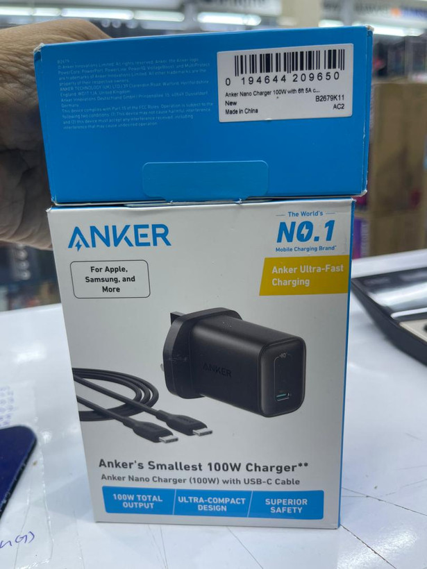 Original retail box packaging of Anker Nano Charger 100W (B2679) with USB-C Cable - جعبه اصلی و پک اورجینال شارژر دیواری انکر نانو ۱۰۰ وات همراه کابل