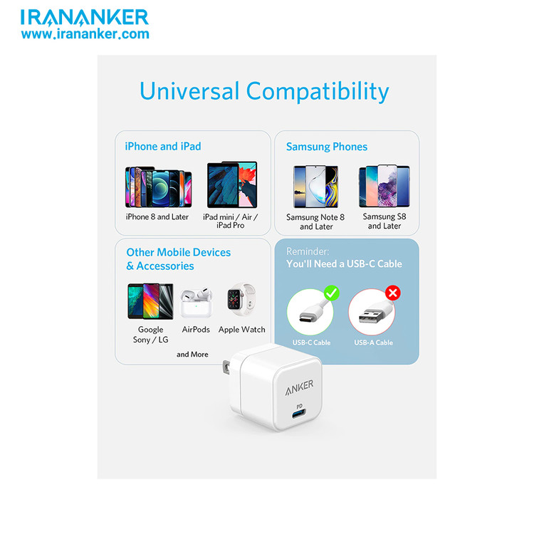 Anker PowerPort III 20W charging various smartphones - شارژر انکر ۲۰ وات در حال شارژ گوشیهای آیفون، سامسونگ و سایر موبایلها با پشتیبانی PD و فست شارژ