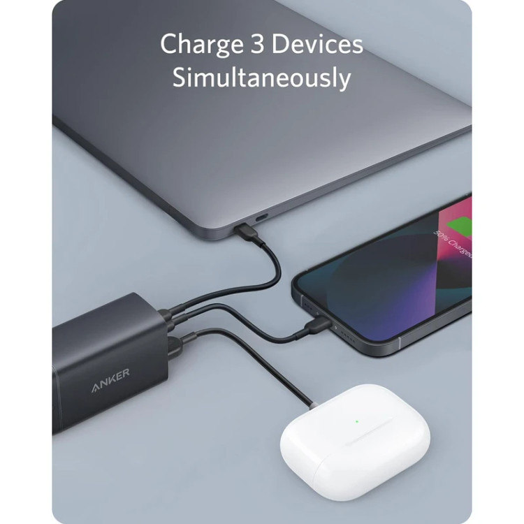 امکان شارژ همزمان توسط شارژر دیواری انکر 65 وات مدل A2667K14 Nano II با سه پورت USB-C و USB-A