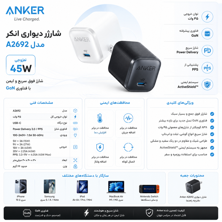 شارژر دیواری انکر مدل A2692 P11 توان ۴۵ وات