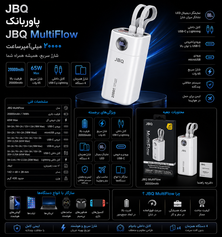 پاوربانک اصل JBQ MultiFlow ۲۰۰۰۰mAh، ویژگی ها و مشخصات پاوربانک