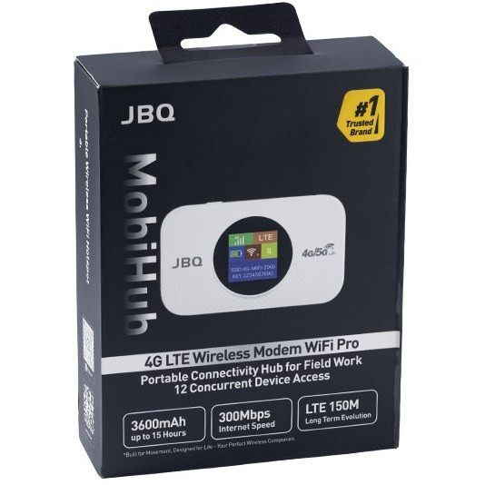 جعبه اورجینال مودم جیبی JBQ Mobihub 4G LTE شامل دستگاه، کابل USB-C، دفترچه راهنما و سیمکارت ریدر»