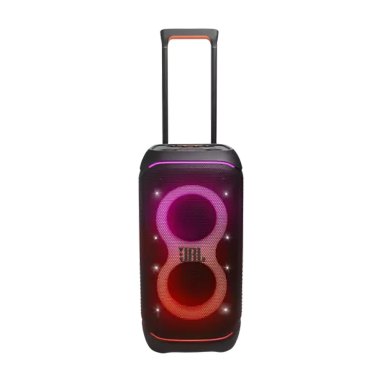 «اسپیکر بلوتوثی جیبیال مدل PartyBox Stage 320 با طراحی استوانهای، نورپردازی RGB و دسته حمل برای مهمانی و استفاده خانگی»