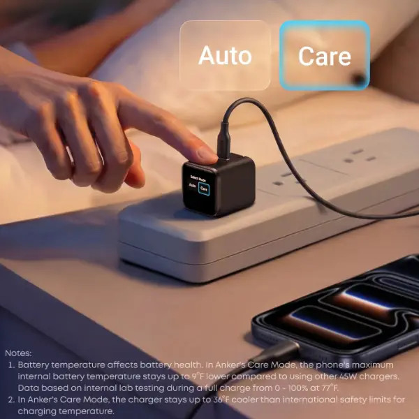 شارژر دیواری انکر مدل A121D با نمایشگر هوشمند در حالت Care Mode، قطع خودکار جریان برق هنگام خواب و محافظت از سلامت باتری دستگاه