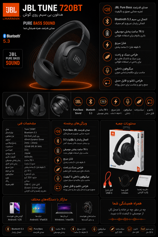 مشخصات هدفون بی سیم جی بی ال مدل Tune 720BT