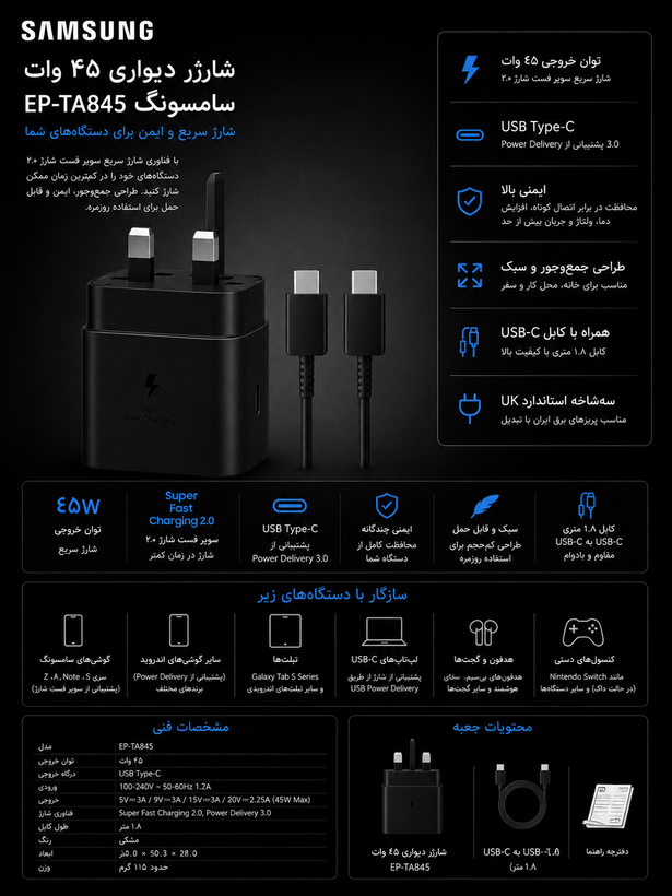 مشخصات شارژر سامسونگ مدل EP-TA845 توان ۴۵ وات