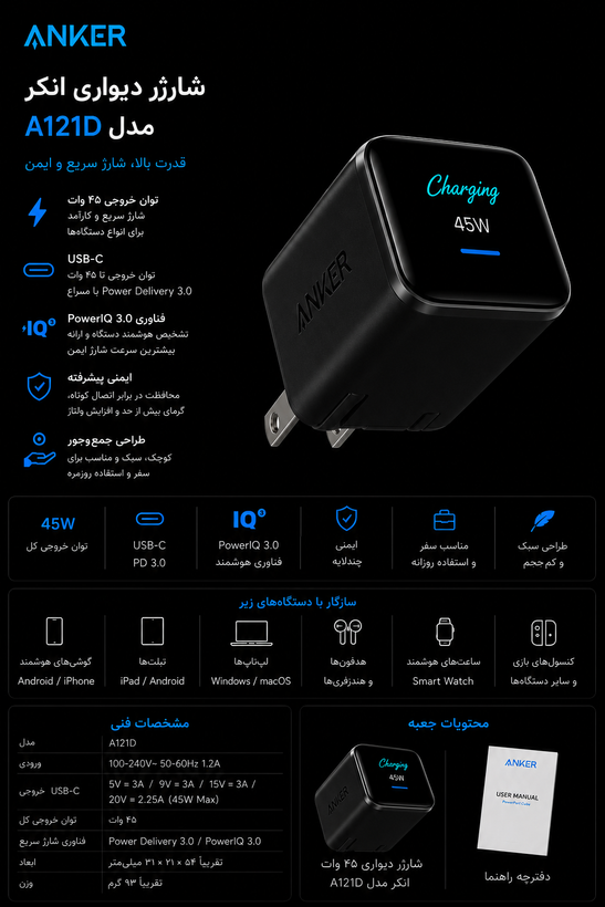 مشخصات شارژر دیواری انکر مدل A121D با توان 45 وات