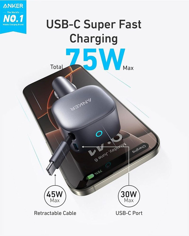 نمای نزدیک شارژر فندکی انکر Nano 75W مدل A2738، نمایش پورت USB‑C و سر کابل جمعشونده USB‑C