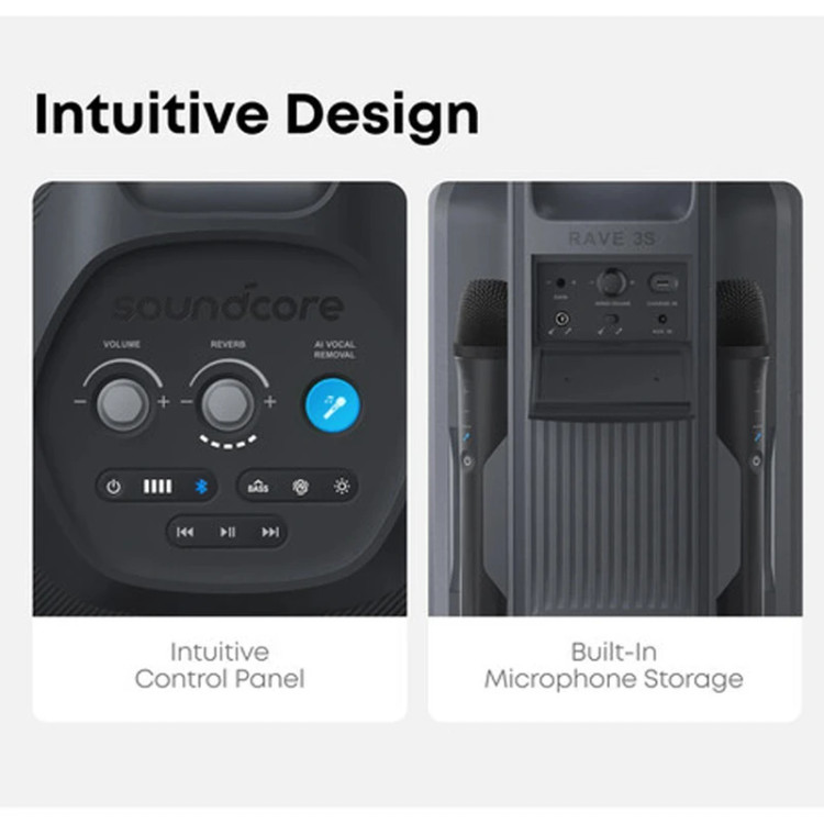 نمای پشت اسپیکر بلوتوثی Anker Soundcore Rave 3S و درگاههای ورودی محصول