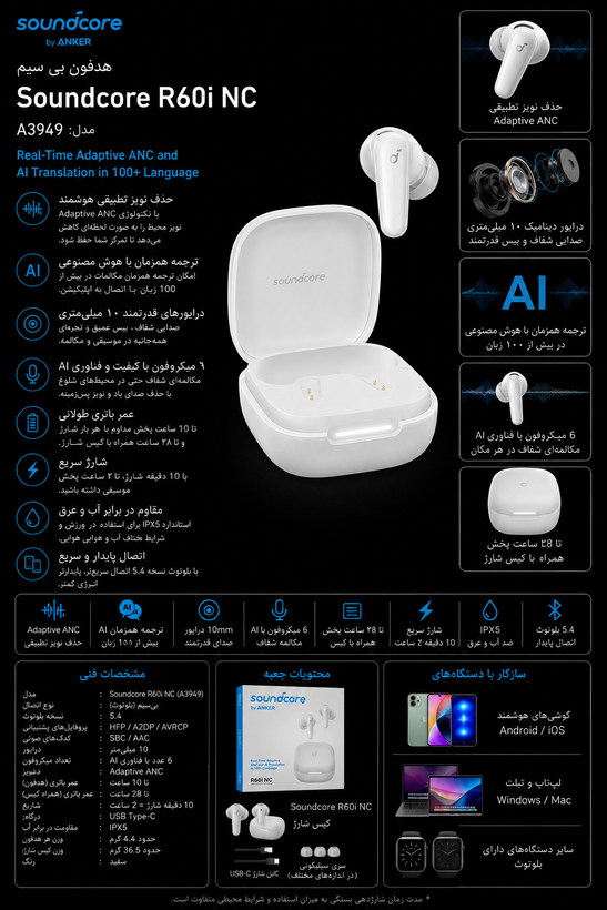 مشخصات هدفون بی سیم انکر مدل Soundcore R60i NC