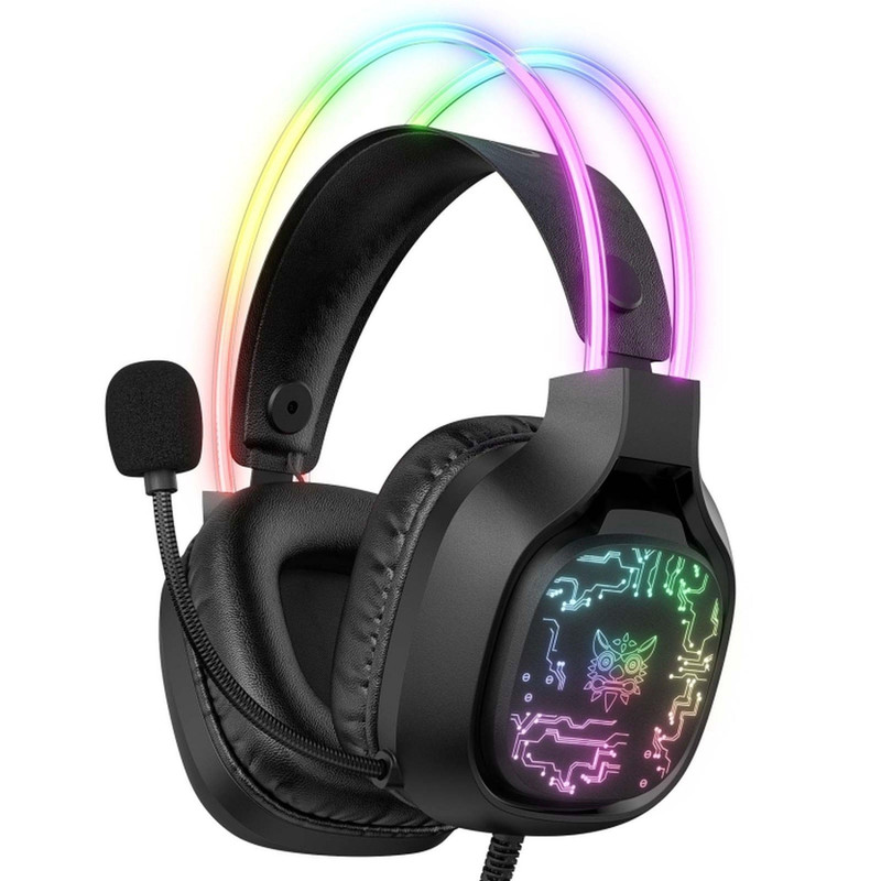 نمای روبرو از هدست اونیکوما X22 با نور RGB روشن، کاپ‌های مشکی و میکروفون جمع‌شده