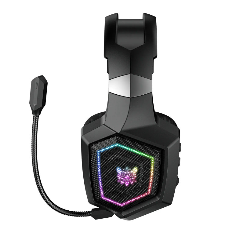 نمای جانبی هدست گیمینگ اونیکوما GT806 مشکی با طراحی اور-ایر، نورپردازی RGB، میکروفون جداشونده و بالشتکهای نرم