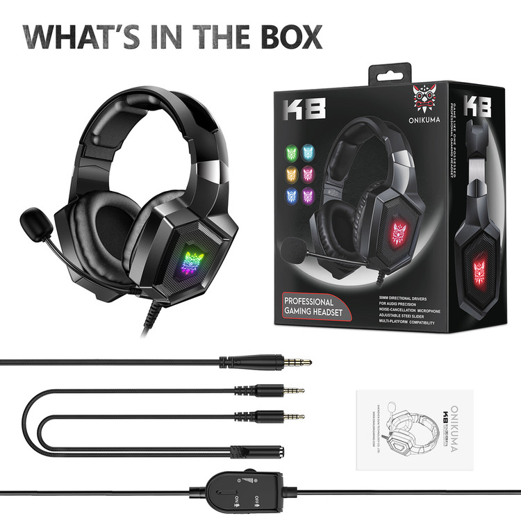 محتویات جعبه اورجینال هدست گیمینگ مشکی اونیکوما K8 با نورپردازی RGB، کاپهای نرم و میکروفون قابل تنظیم ۳۶۰ درجه