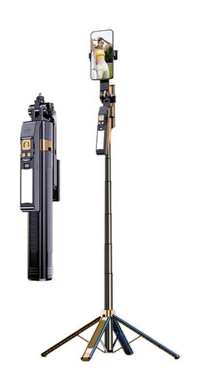 سه‌پایه و مونوپاد سلفی هوشمند مدل CL-12P با ردیابی خودکار چهره و بدن توسط هوش مصنوعی، چرخش ۳۶۰ درجه، پایه چهارپایه پایدار، ریموت بلوتوث و نور LED پرکننده برای فیلم‌برداری و لایو استریم بدون نیاز به اپلیکیشن